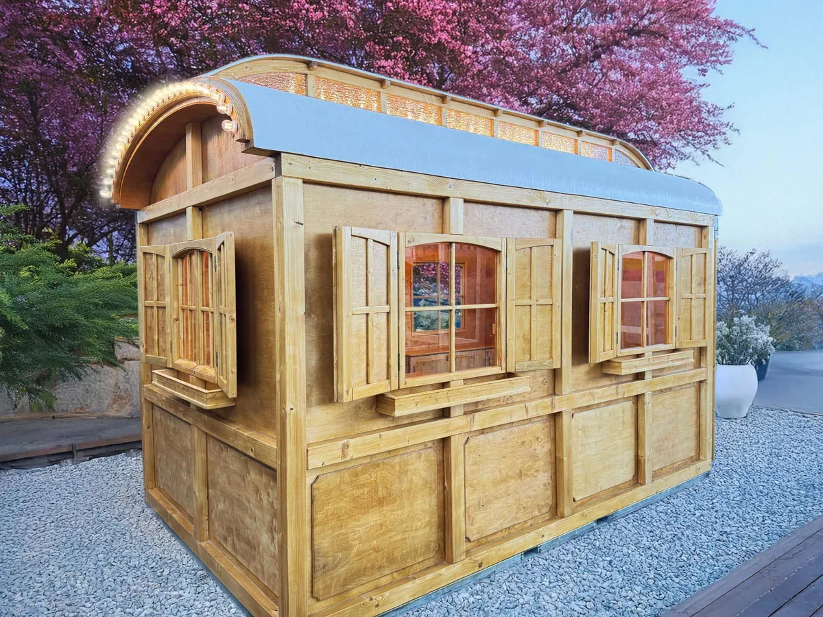 Sitzhütte mit Rundbogen und Beleuchtung als Gastbereich